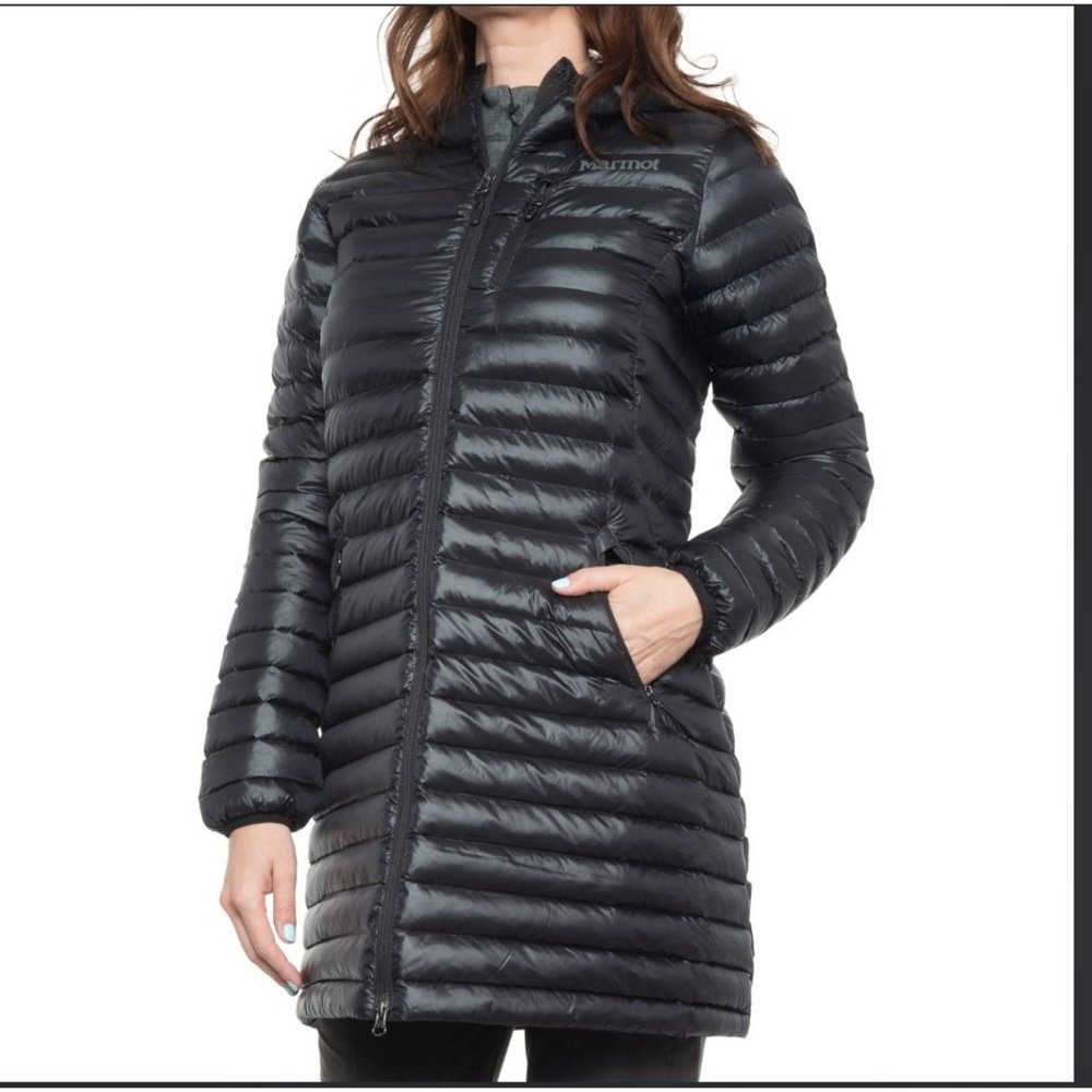 NWT Marmot Women's Size XS Long Avant Featherless Hooded Jacket Coat Black